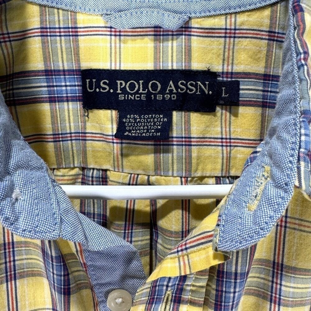 U.S. POLO ASSN Men's Size L Button Down Shirt Blue Yellow Plaid Streetwear Y2K - Picture 4 of 8